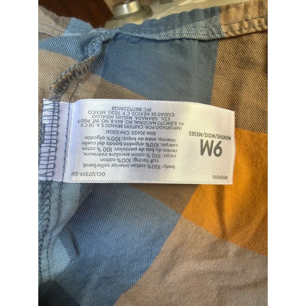 OshKosh Bgosh Baby Boy Blue Brown Plaid Flannel Button Down Shirt Size 9 Months